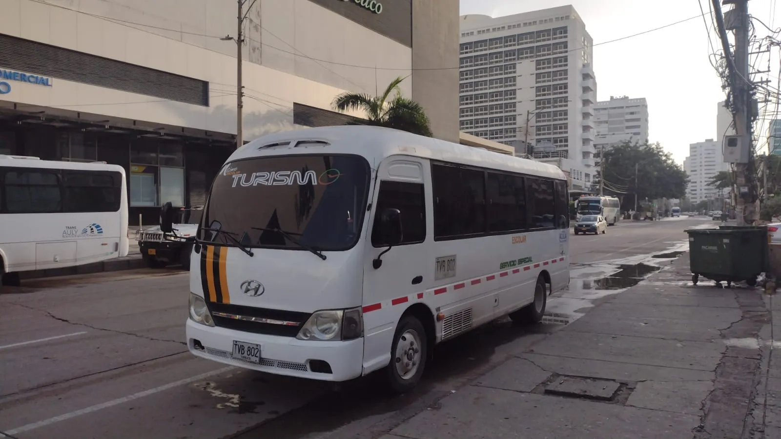 Buseta blanca de servicio especial con el letrero Turismo estacionada junto a un andén